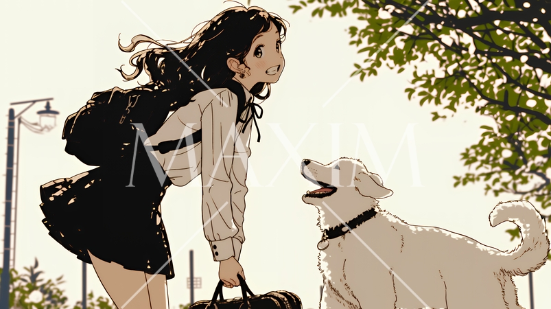 愛犬と散歩している若い女性（シンプルな色使い）