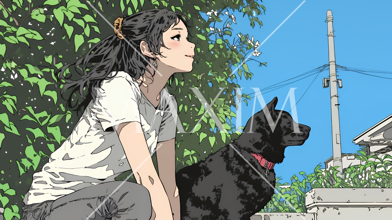 愛犬と散歩している若い女性