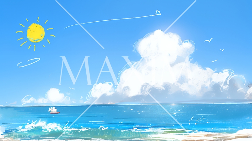 夏の青い空と青い海と白い雲のコントラスト（クレヨン＋水彩画風）