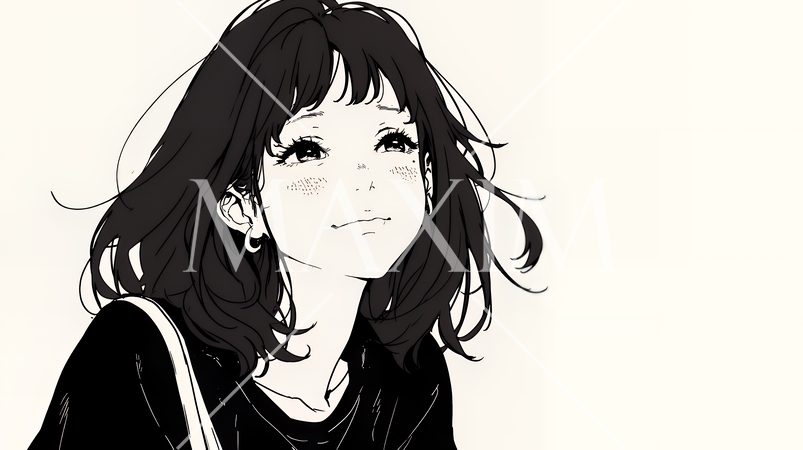 悲しげな目で微笑む（Smiling with sad eyes）若い女性（シンプルな色使い）