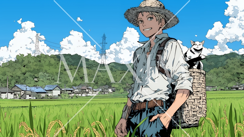 田んぼで農作業をしている男性