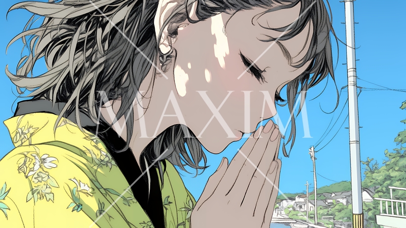 手を合わせてお祈りをしている和服姿の若い女性