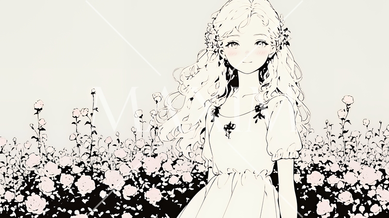 バラ園を散策している若い女性（シンプルな色使い）