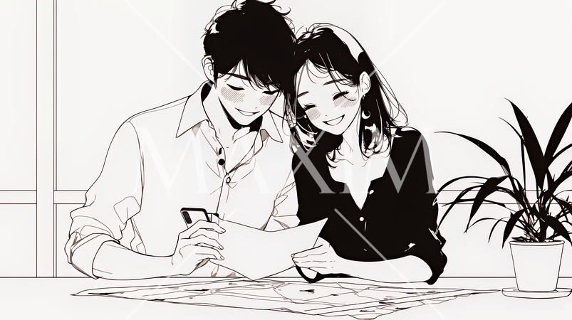 仲良く二人で旅行の計画を立てている若いカップル（シンプルな色使い）