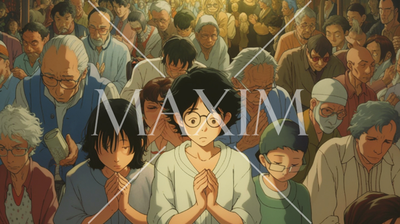 念には念を入れ：大勢が集まり神に手を合わせて祈っている姿。やることは全部やって最後は神頼み。