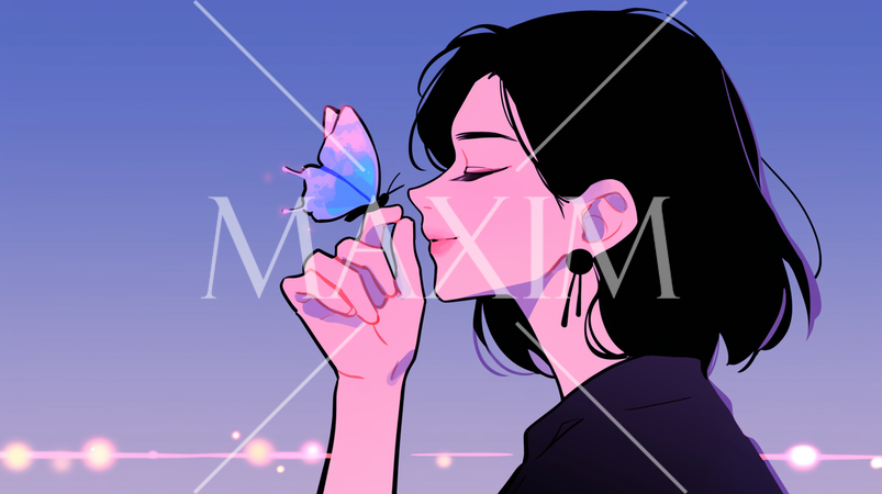 若い女性の指に蝶がとまっている