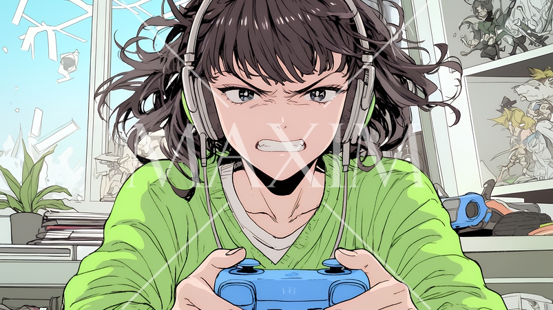 対戦型テレビゲームに没頭している若い女性