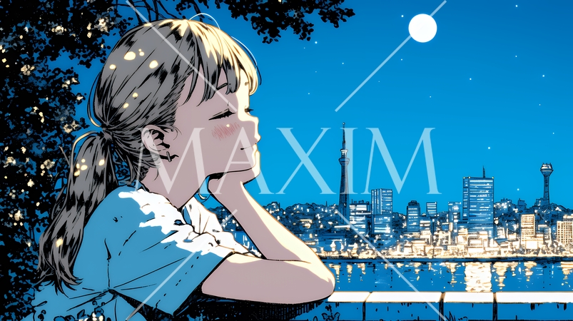 ベランダで夜風に当たりながら都会のランドスケープを眺め休む若い女性