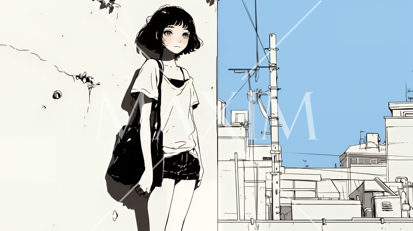 若い女性が佇む都市の街角（シンプルな色使い）