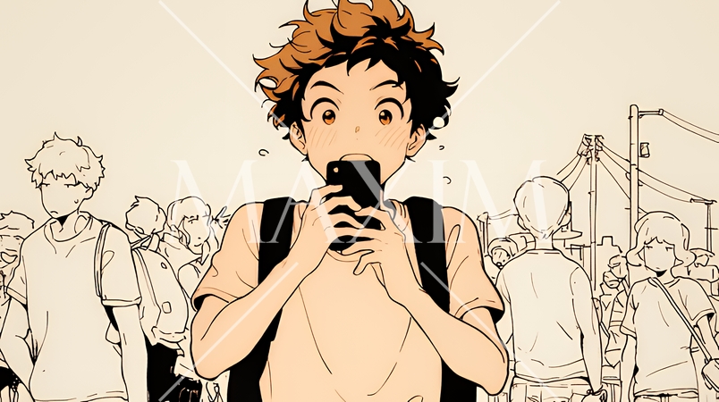 スマホの画面を見て驚いている若い男性（シンプルな色使い）