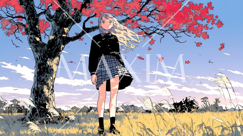 秋風と夕空と紅葉と若い女性