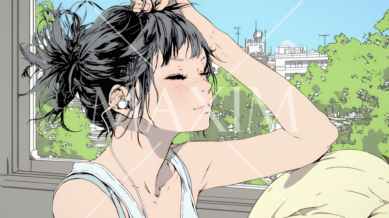 朝の目覚ましを止めて伸びをしている若い女性