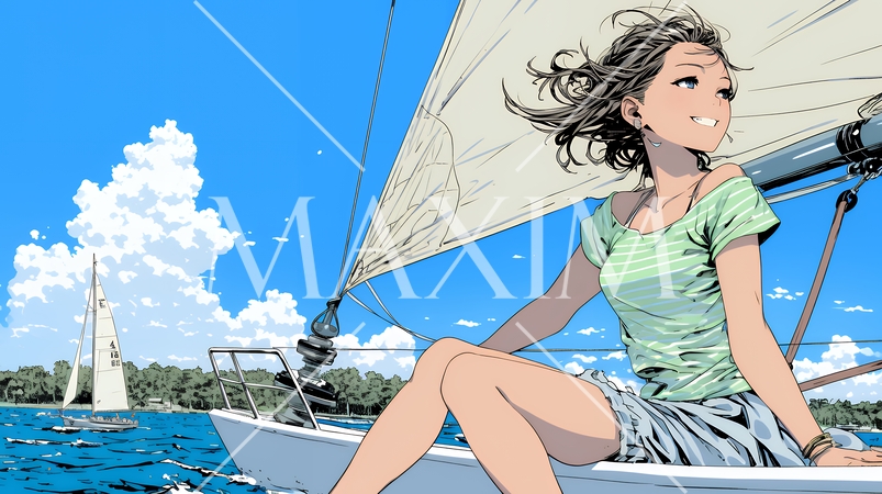 ヨットに乗っている若い女性