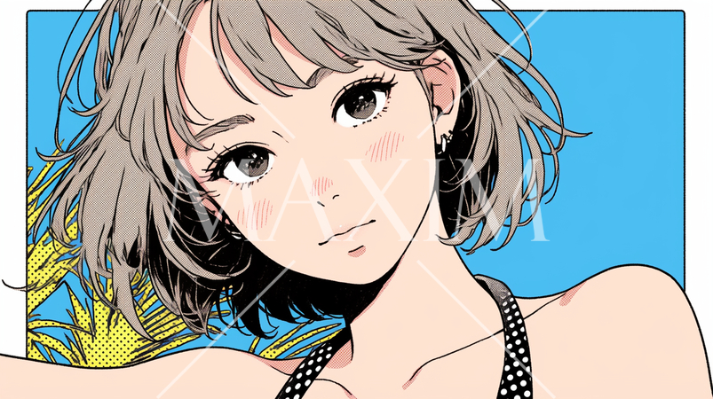 夏空とビキニを着た女性