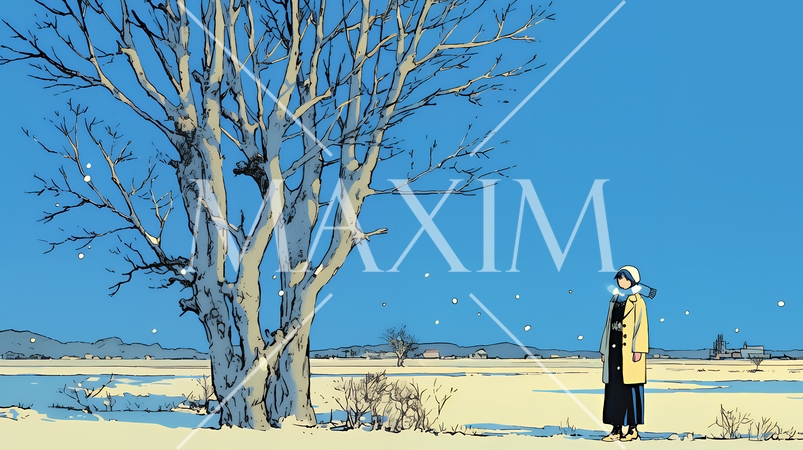 冬枯れの郊外の道を歩く若い女性