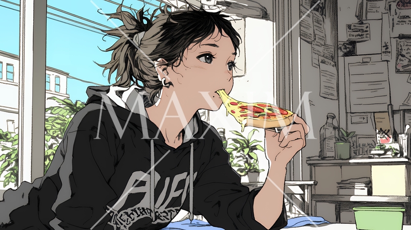 ピザを食べている若い女性