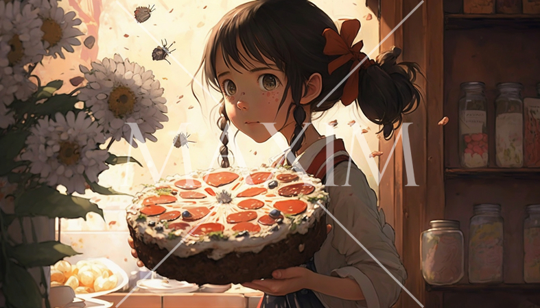 花より団子：女の子がお誕生日にたくさんの花とケーキをもらいました。でも、やっぱりケーキにご執心。