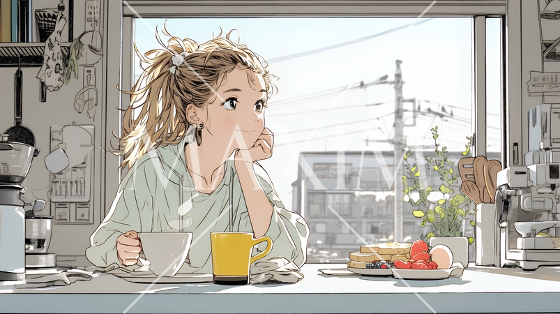 ゆったりした気分で朝食を一人で食べている若い女性