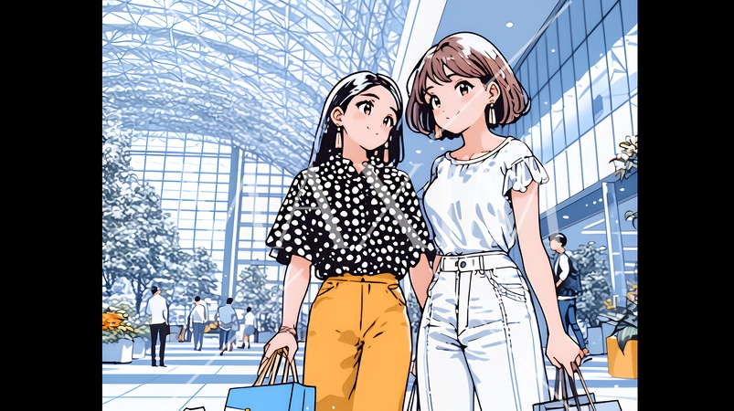 女友達と一緒にショッピングモールを歩き回る若い女性