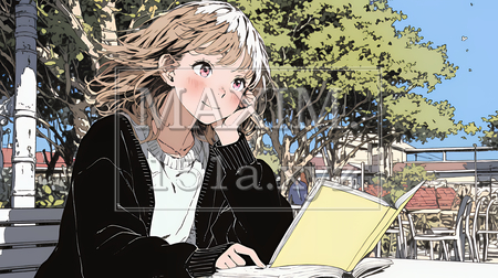 秋の読書を楽しむ若い女性｜静かで落ち着いた秋の日のイラストポートレート（イラストID:6454209-18123）