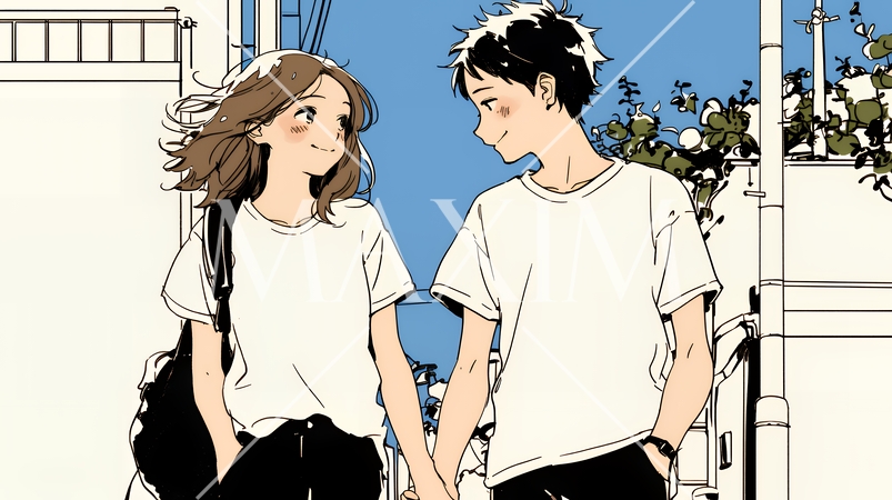 幸せそうなカップル：散歩中（シンプルな色使い）