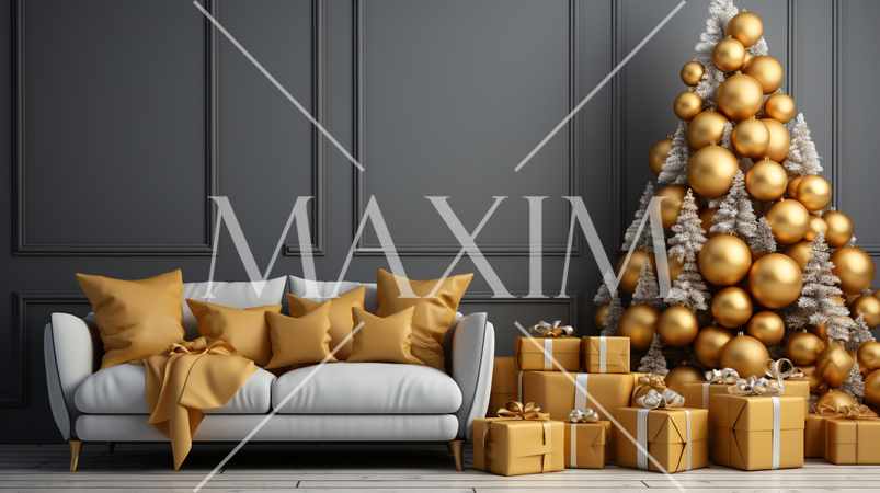 クリスマスツリー飾りのある黄色・金色基調の居間