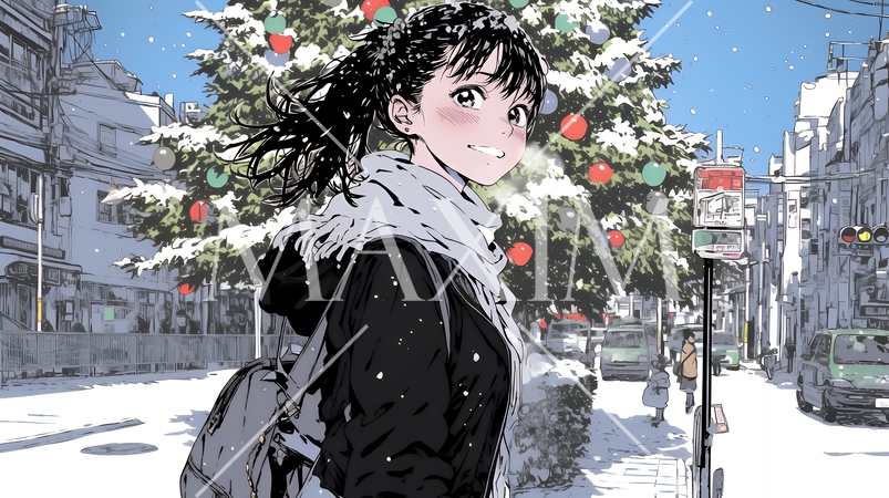 ホワイトクリスマスの街を歩く若い女性