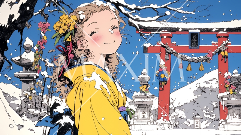 和服を着て初詣をしている若い女性