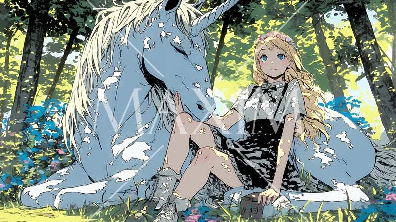 ユニコーンと若い女性