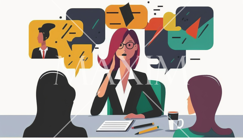 会議で討論している女性会社員