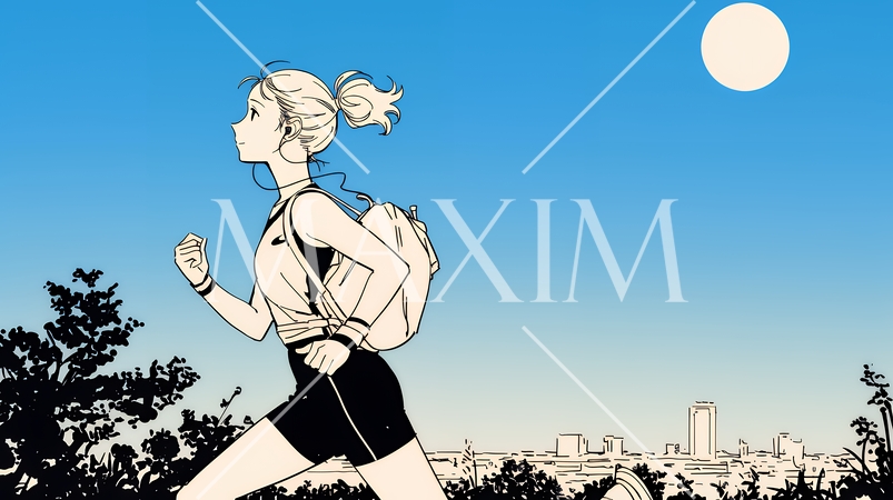 夕方の街並みを背景にジョギングをする若い女性（シンプルな色使い）