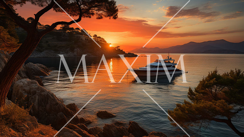 瀬戸内海の夕日とヨット：精緻CG