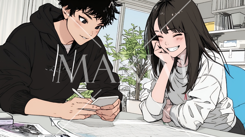 仲良く二人で旅行の計画を立てている若いカップル