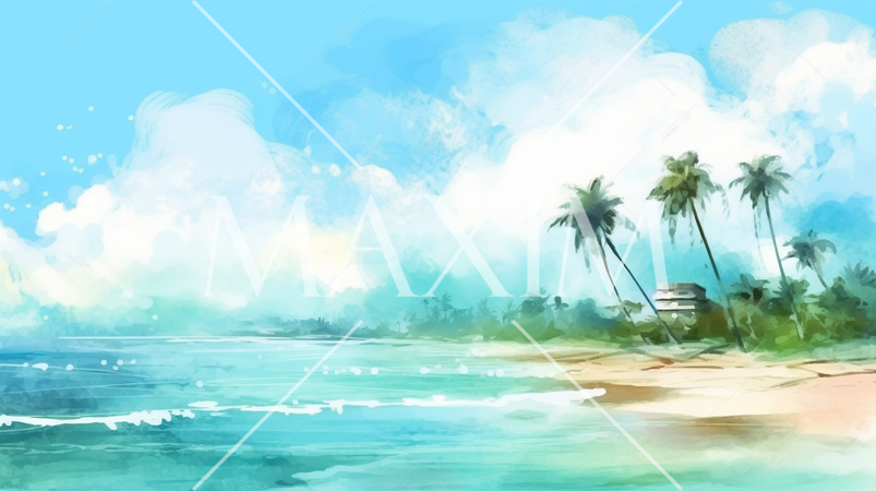 南の島の浜辺と空の背景イメージの水彩画