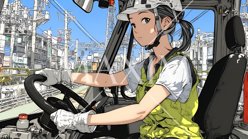 建設現場で重機を操作する若い女性