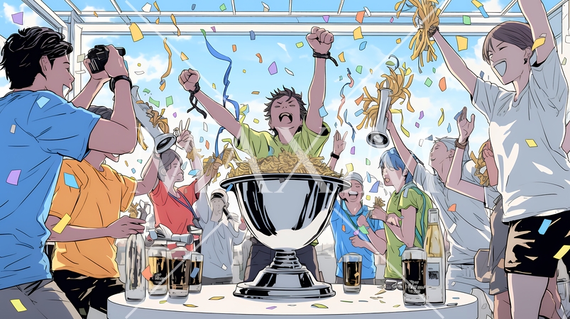 プロジェクト成功を喜ぶスタートアップチーム｜オフィスで大喜びするビジネスパーソン