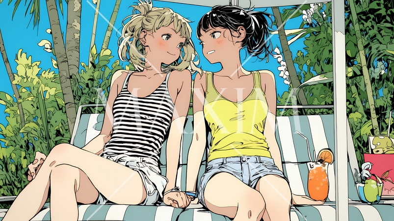 プールサイドのデッキチェアで談笑する女友達たち｜夏のリゾートで過ごすリラックスしたライフスタイルイメ