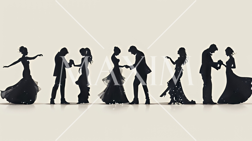 社交ダンスを楽しむ人たちのシルエット｜優雅でエレガントなボールルームダンスイメージ