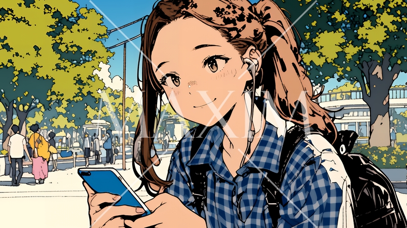 外出中にスマートフォンをいじくっている若い女性