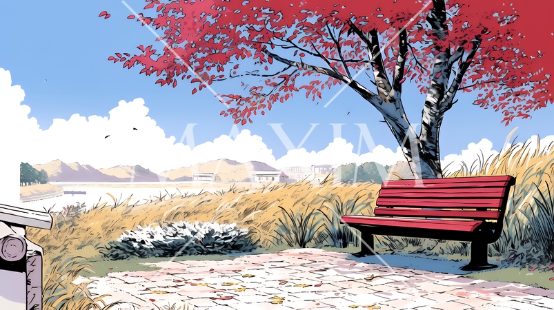 紅葉の公園にある赤いベンチ