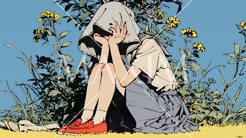 頭かくして尻かくさず：恥ずかしそうに顔を隠している女子高生。でもミニスカからお尻が見えそう。