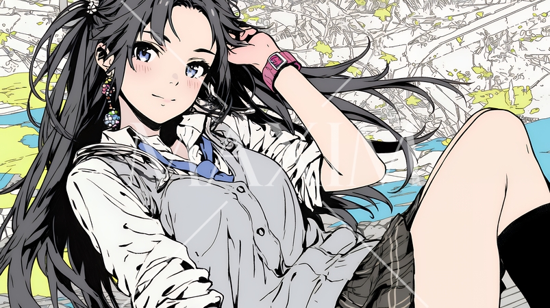 制服姿の女子高生：まったりとくつろいでいる