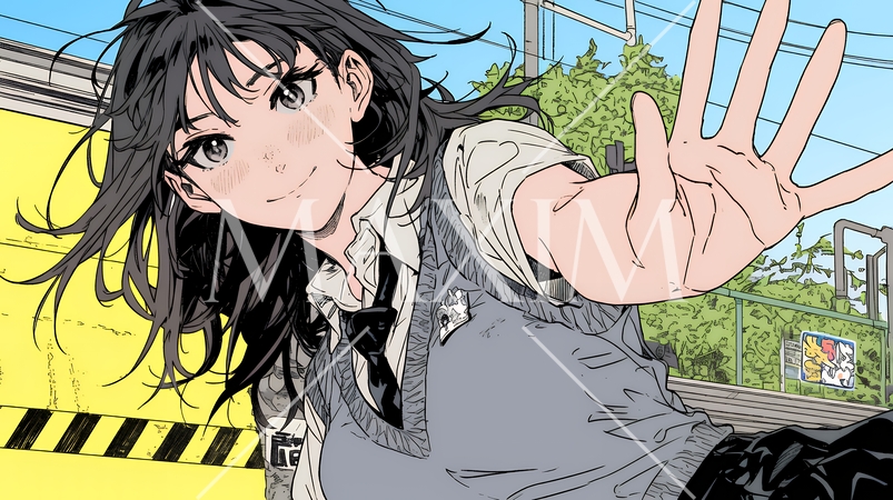 制服姿の女子高生：手を振って挨拶している