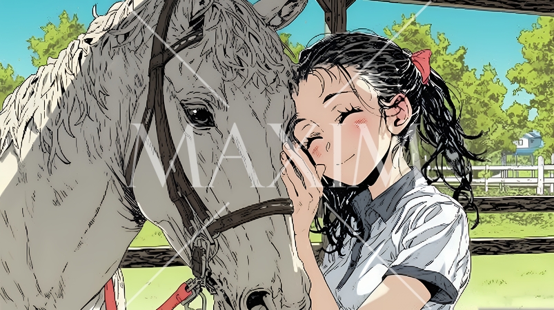 馬の世話をしている若い女性