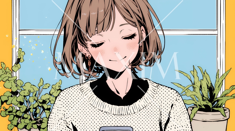 楽しそうにスマホ画面を眺めている若い女性