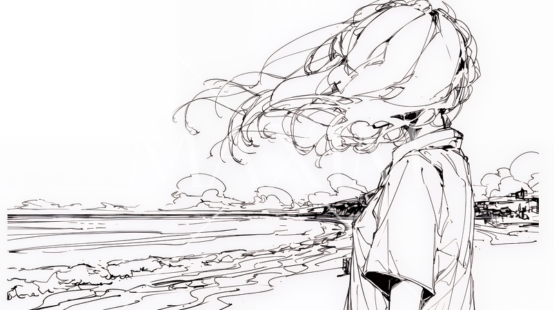 一人旅の若い女性と夏のビーチの風景（シンプルな色使い）