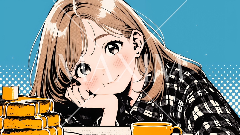 早朝のダイナー（喫茶店）でパンケーキ（モーニングセット）を食べる若い女性