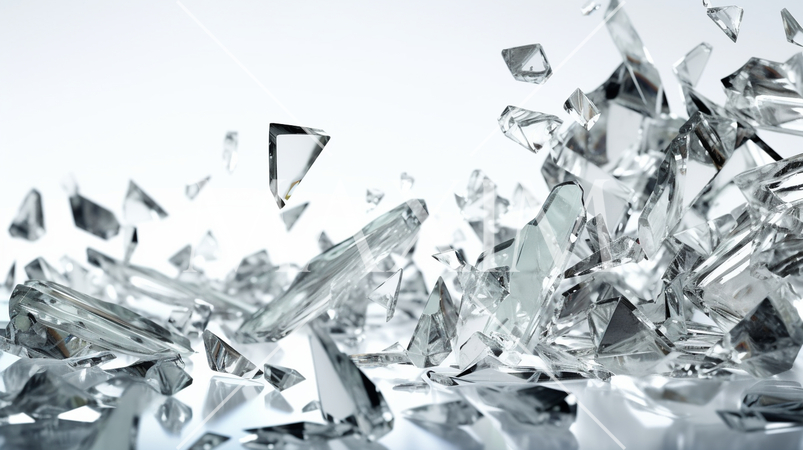 ガラスが割れて飛び散っている-白背景画像：精緻CG画像