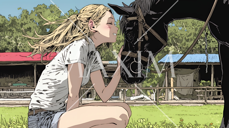 馬の世話をしている若い女性