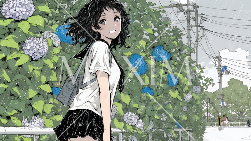 アジサイと梅雨の長雨と若い女性